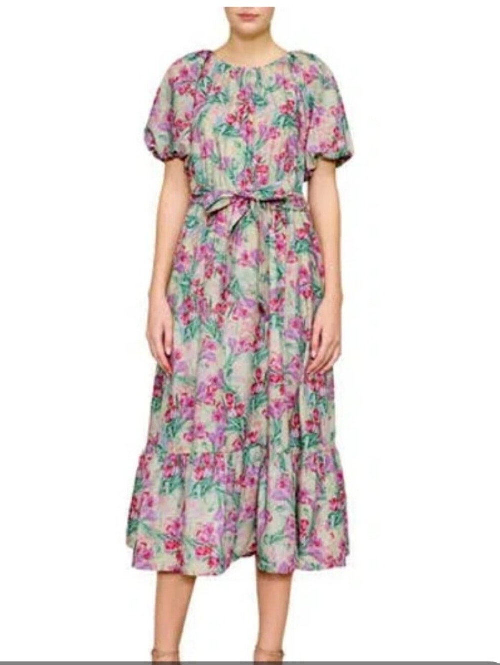 New!Melloday Floral Puff-Sleeve Midi Poplin Dress Y2K Cottagecore Vintage 70's